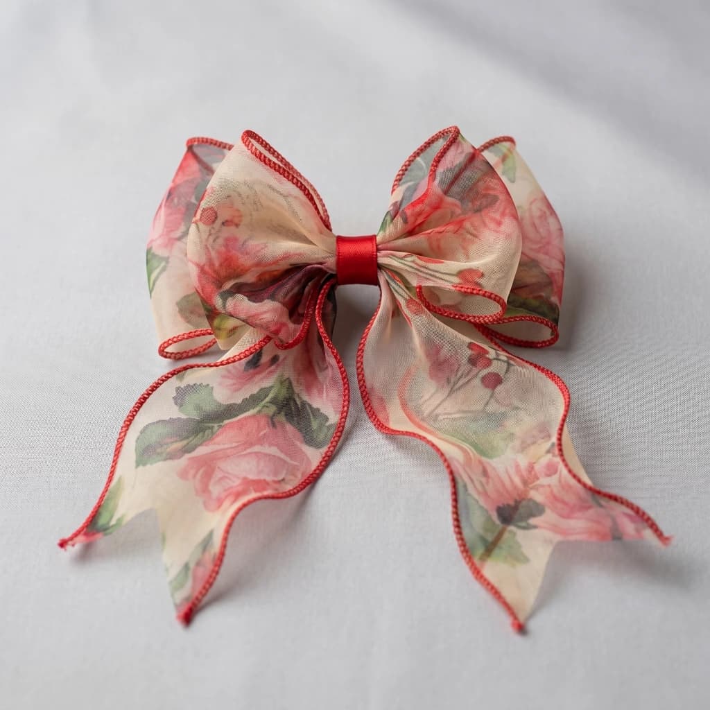 QDORA Red Floral Organza Hair Bow image 1