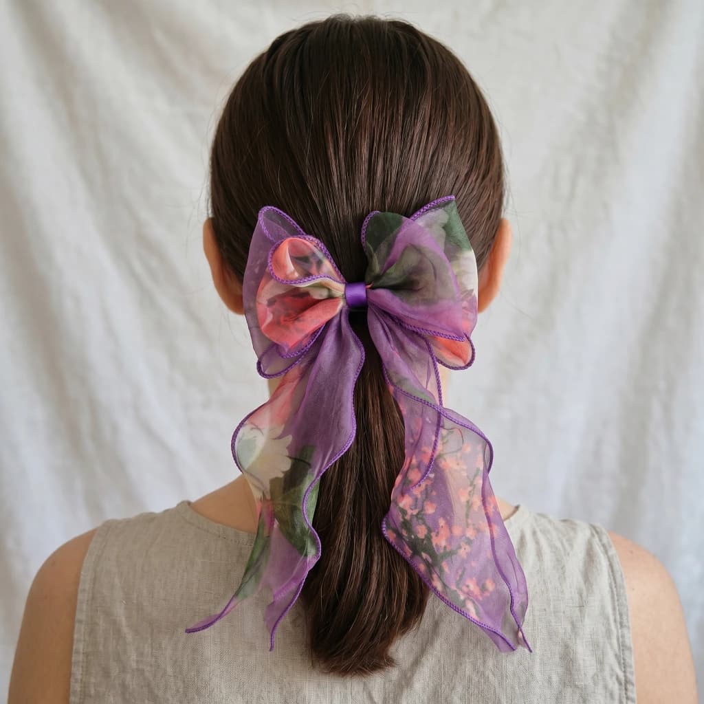 QDORA Purple Floral Organza Hair Bow image 1