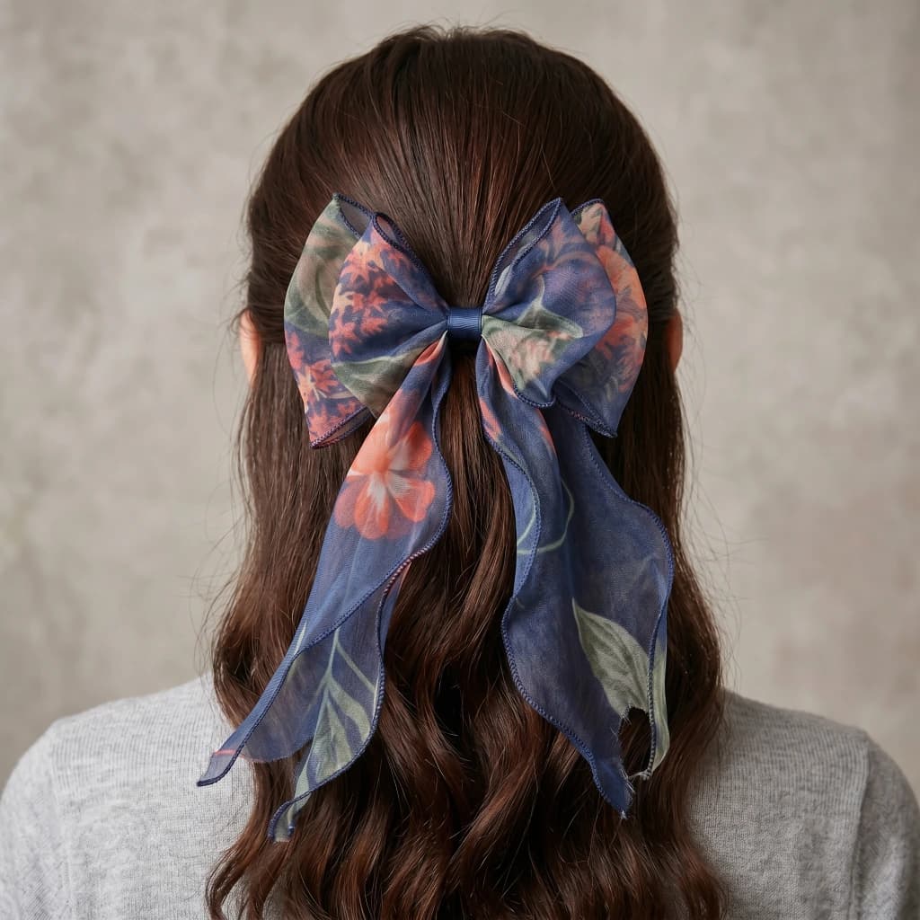 QDORA Blue Floral Organza Hair Bow image 1