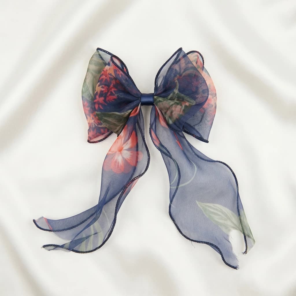 QDORA Blue Floral Organza Hair Bow image 2