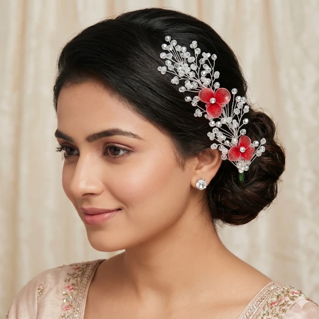 QDORA Silver Red Floral Crystal Hair Vine image 1