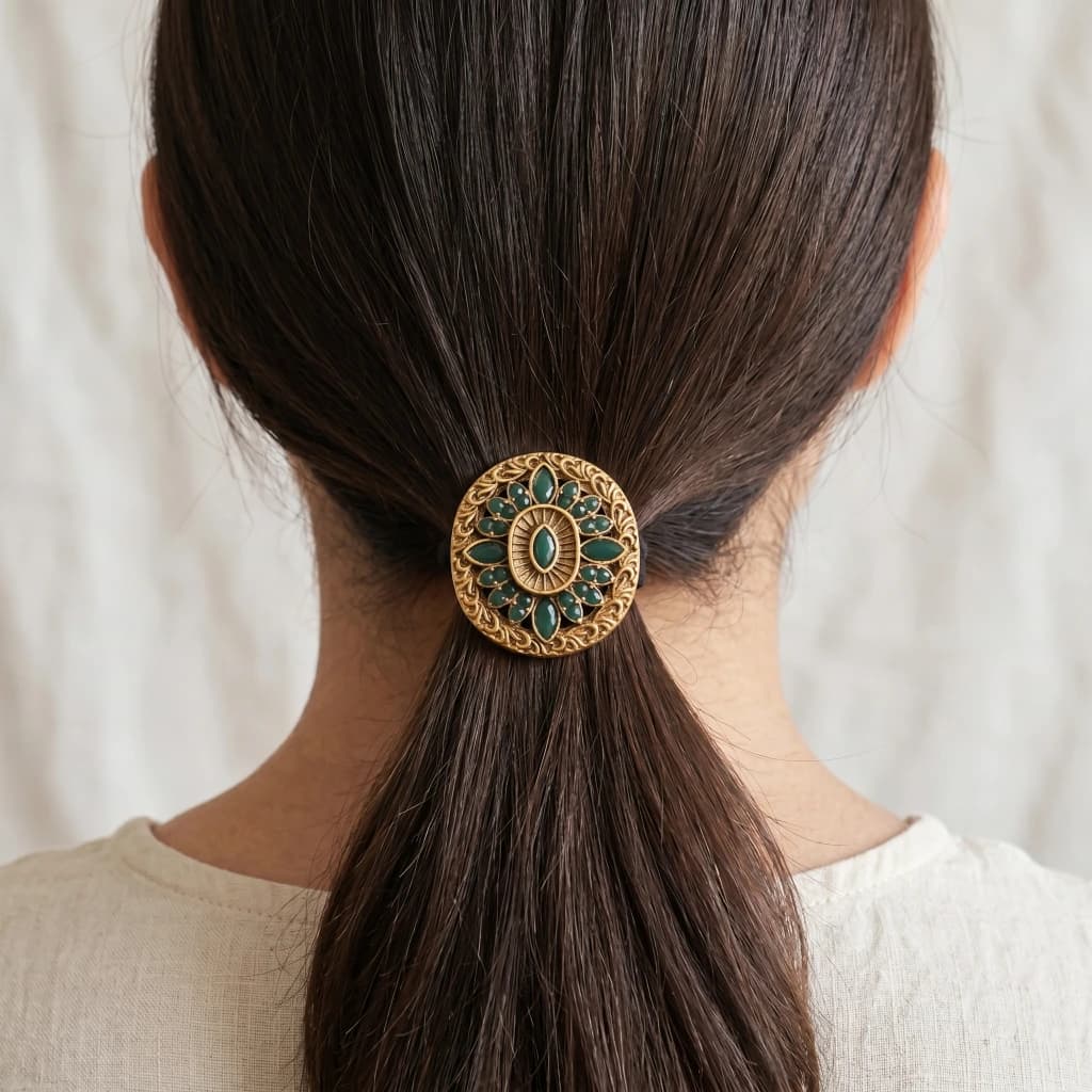 QDORA Gold Green Stone Traditional Embellished Hair Ties image 2