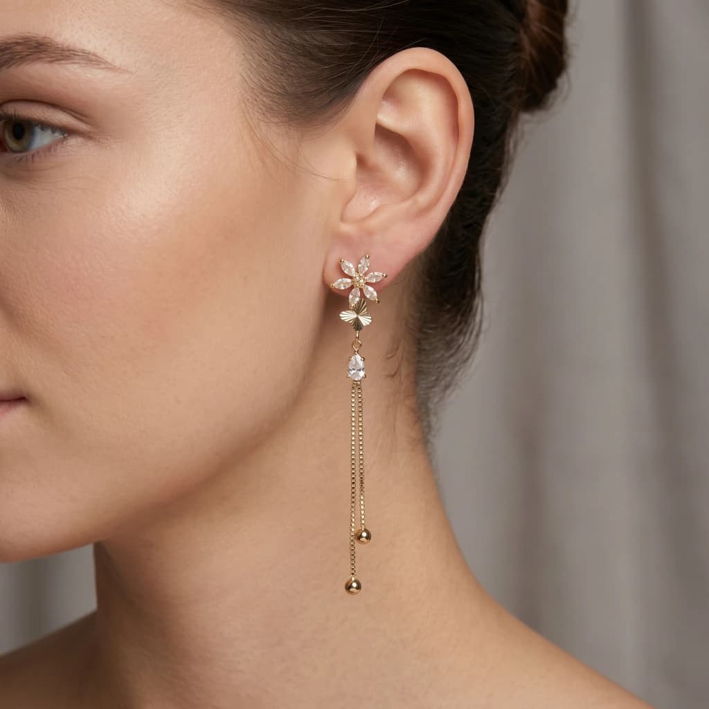 QDORA Gold Floral Crystal Dangle Earrings image 1