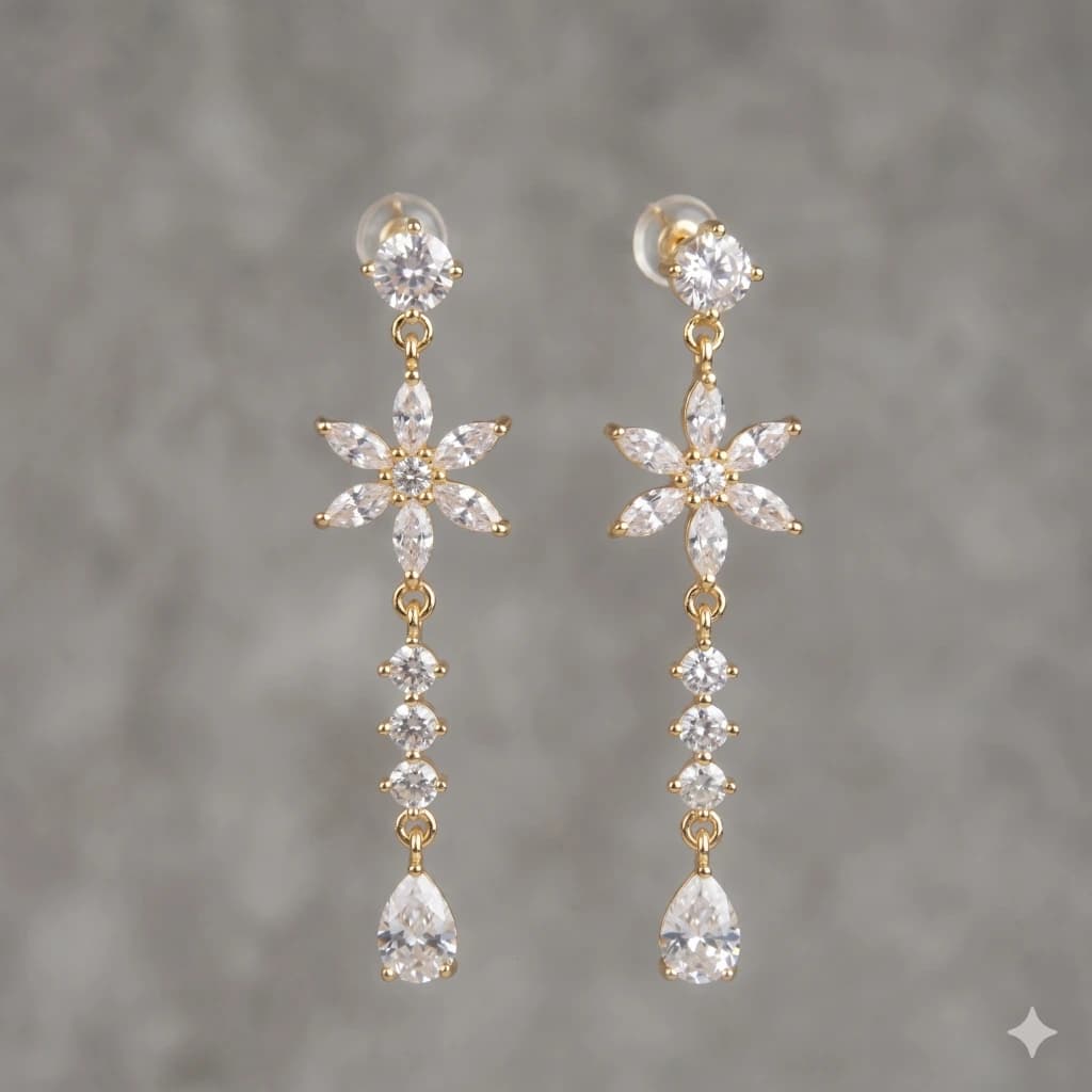 QDORA Gold White Stone Floral Dangle Earrings image 2