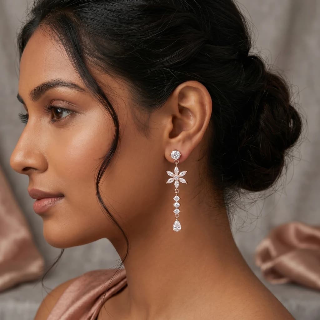 QDORA Rose Gold White Stone Floral Dangle Earrings image 1