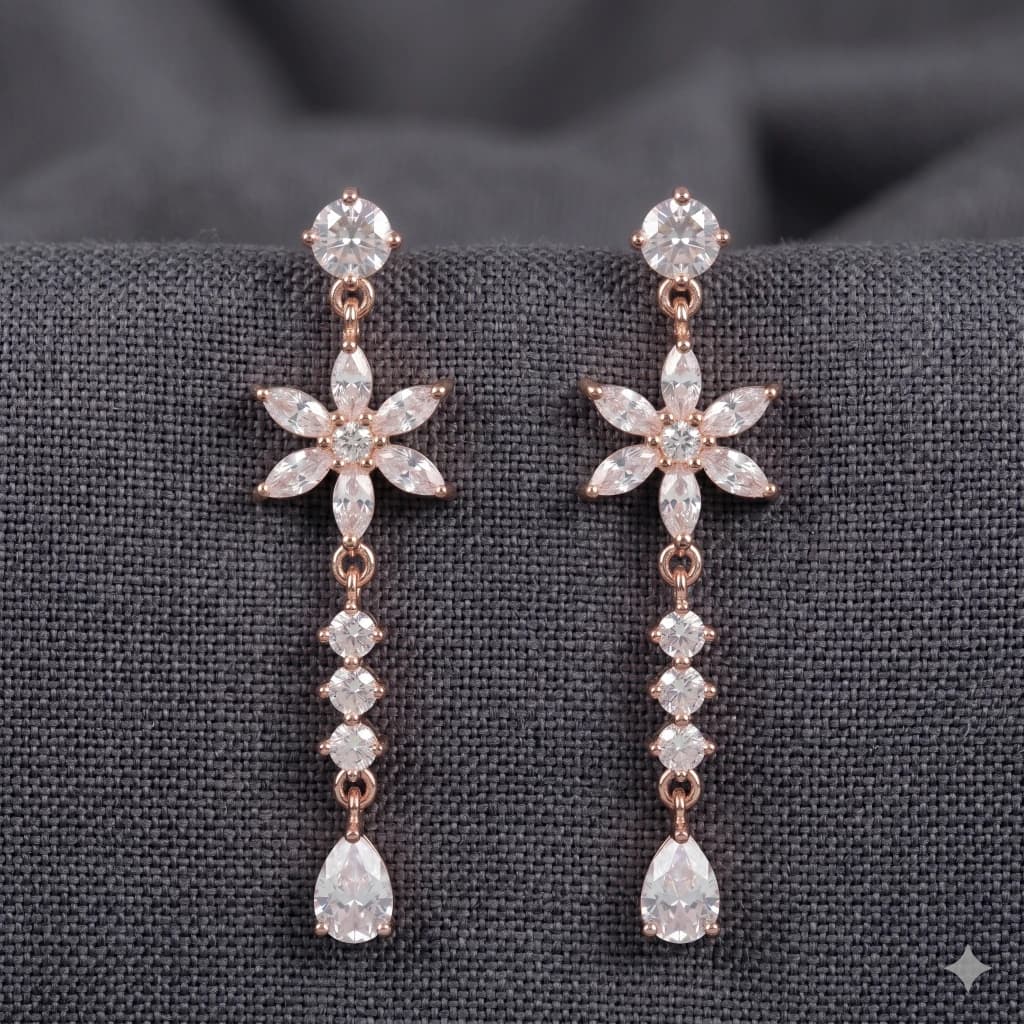 QDORA Rose Gold White Stone Floral Dangle Earrings image 2
