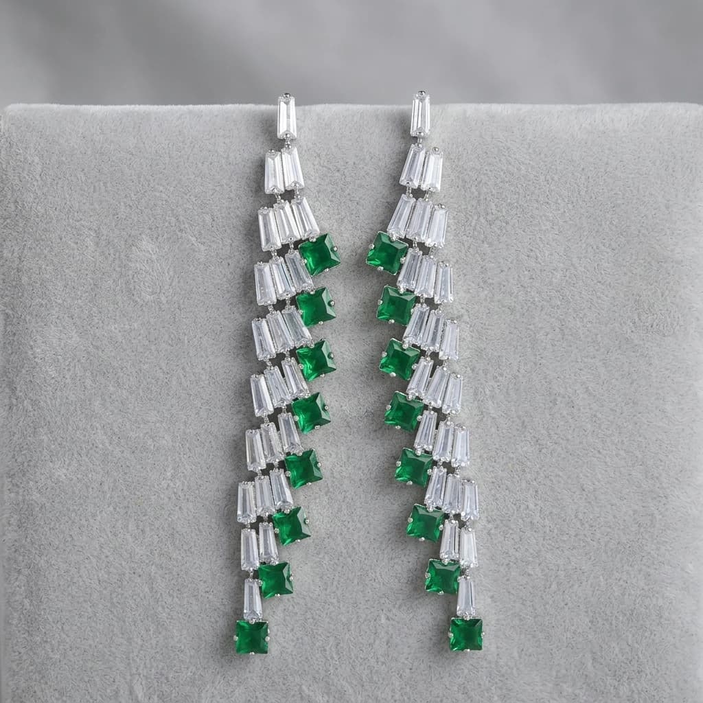 QDORA Silver Green Stone Chandelier Earrings image 2