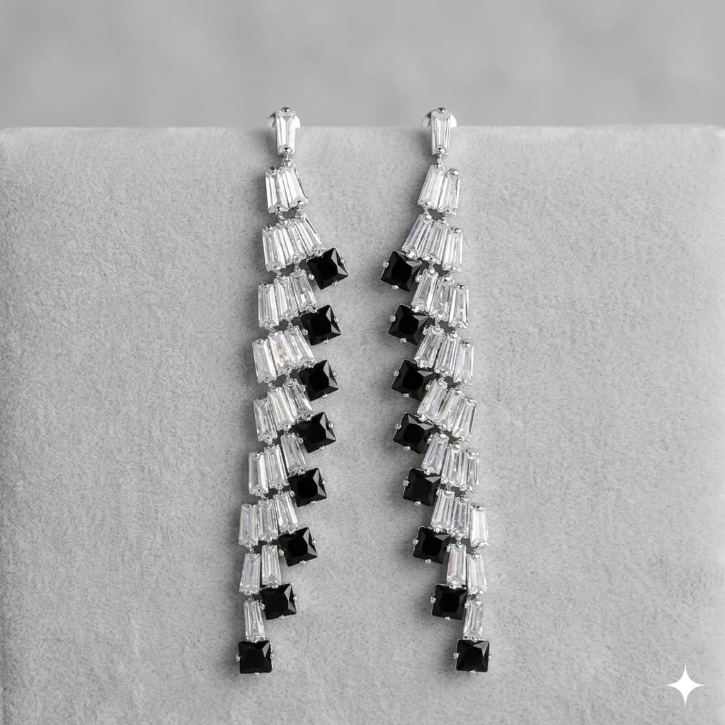 QDORA Silver Black Stone Chandelier Earrings image 2