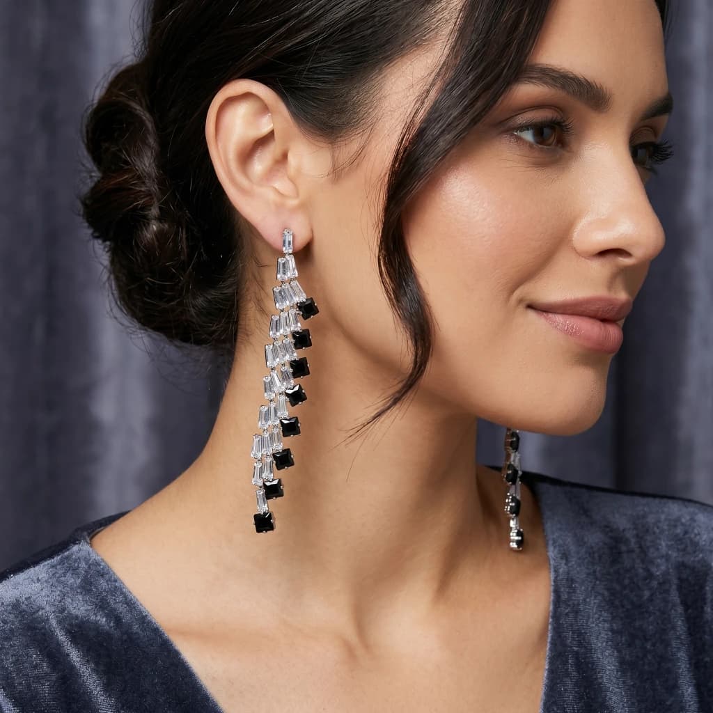 QDORA Silver Black Stone Chandelier Earrings image 1