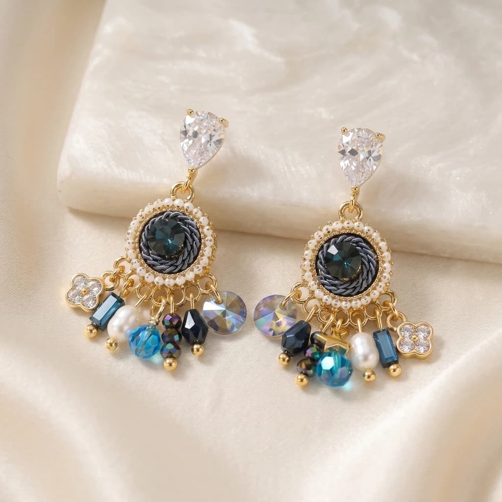 QDORA Gold Blue Crystal Drop Earrings image 2