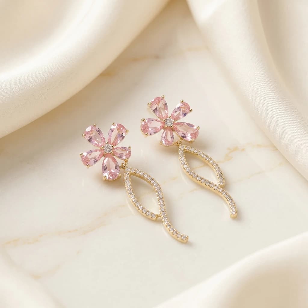 QDORA Rose Gold Pink Floral Drop Earrings image 2