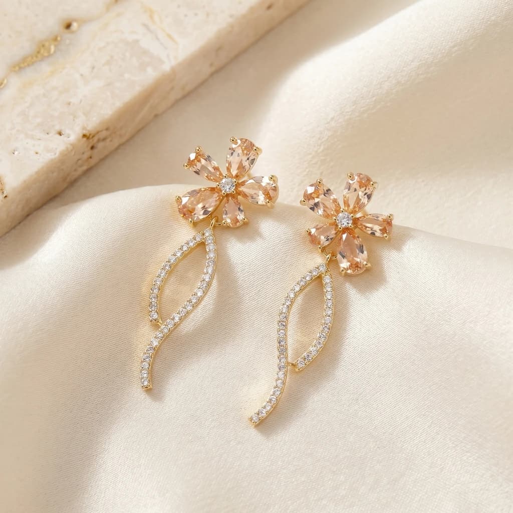 QDORA Gold Peach Floral Drop Earrings image 1