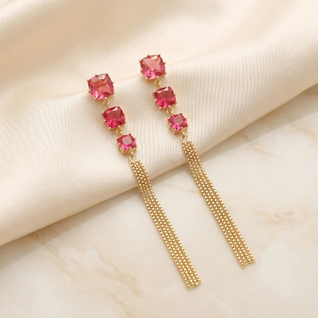 QDORA Gold Pink Stone Tassel Drop Earrings image 1