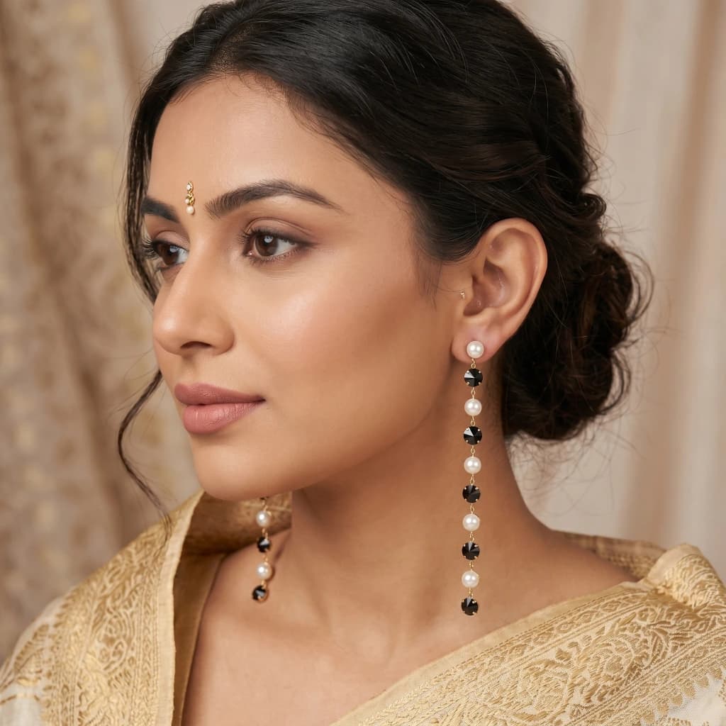 QDORA Gold Pearl Black Stone Drop Earrings image 1