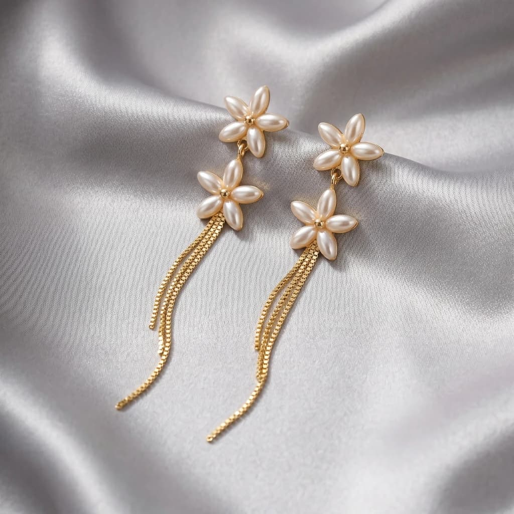 QDORA Gold Pearl Floral Dangle Earrings image 2