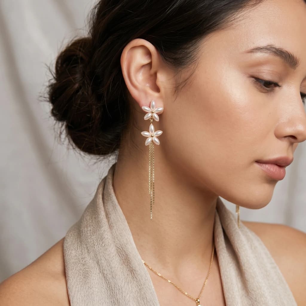 QDORA Gold Pearl Floral Dangle Earrings image 1
