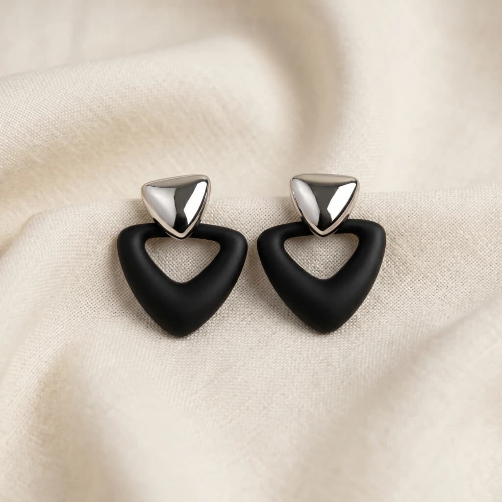 QDORA Silver Black Matte Triangle Drop Earrings image 2