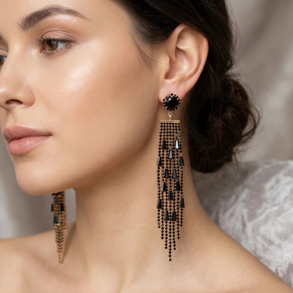 QDORA Gold Black Stone Tassel Earrings image 1