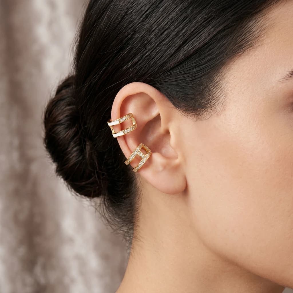 QDORA Gold White Enamel Crystal Ear Cuff image 2