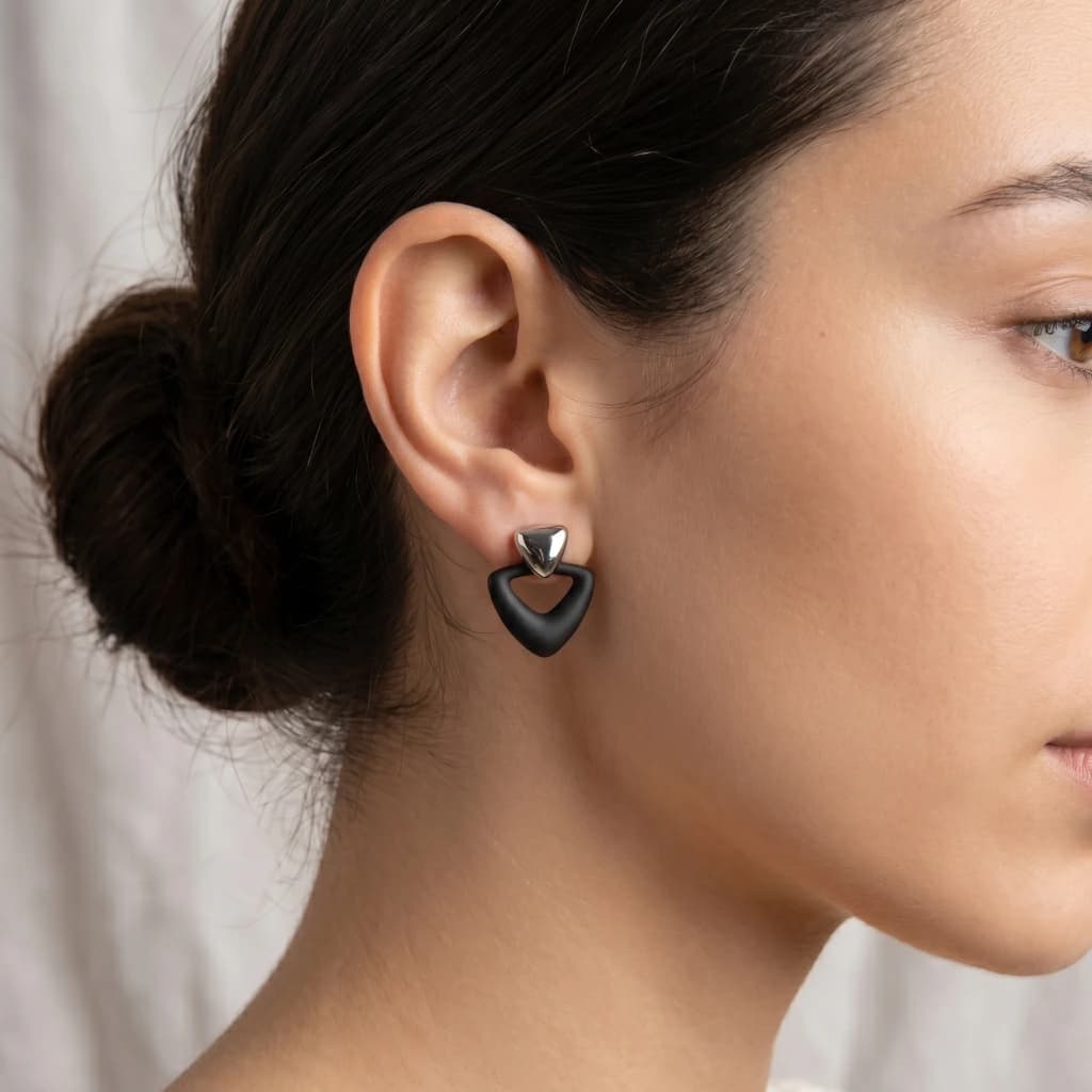 QDORA Silver Black Matte Triangle Drop Earrings image 1