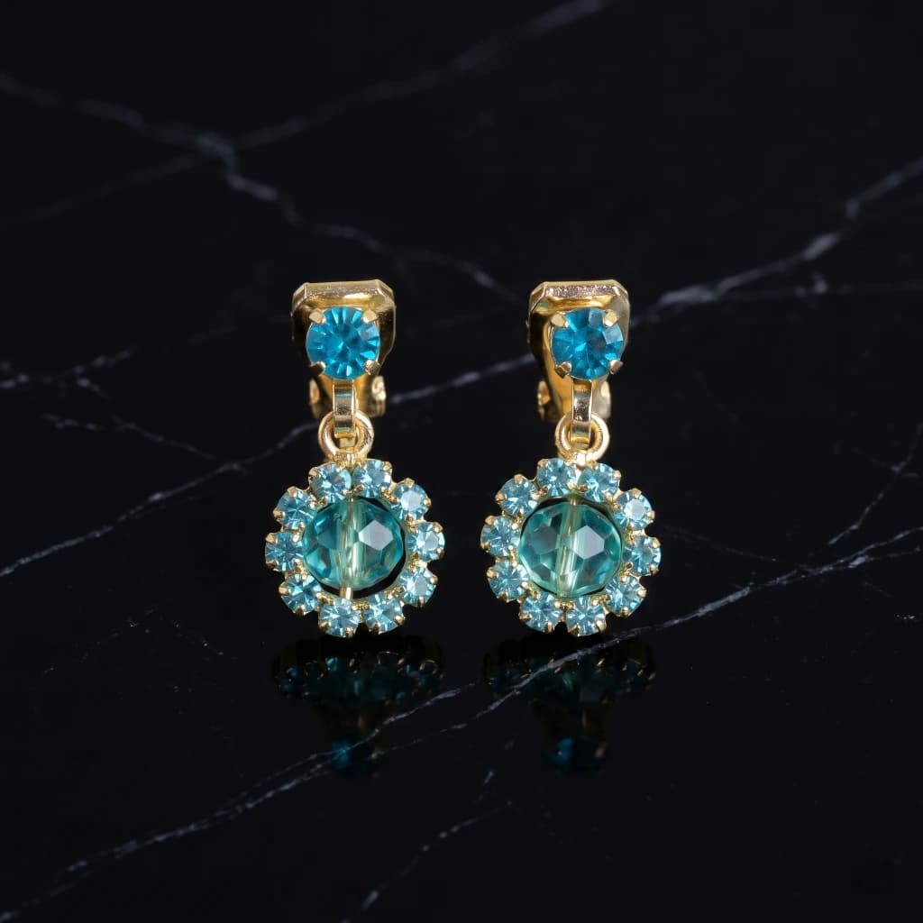 QDORA Gold Blue Crystal Floral Non Piercing Drop Studs image 1