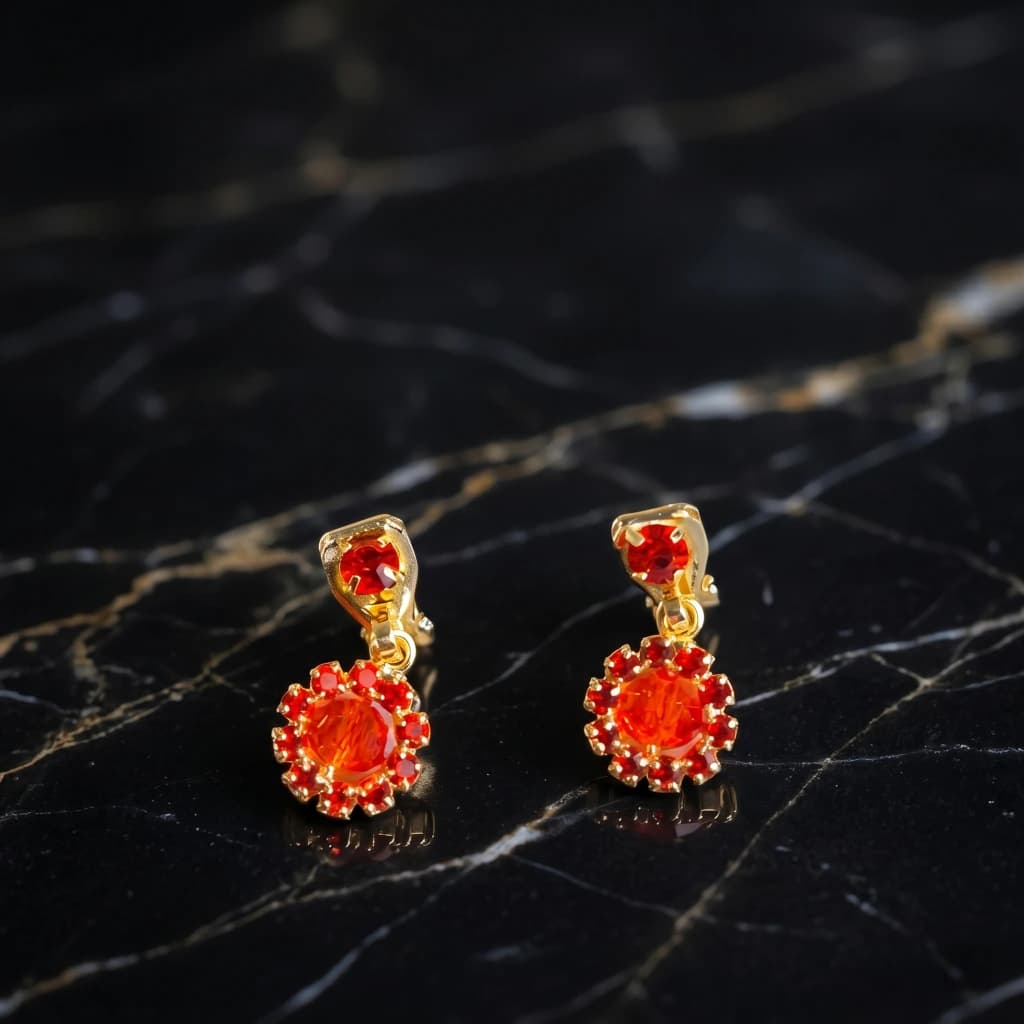 QDORA Gold Red Floral Non Piercing Drop Studs image 2