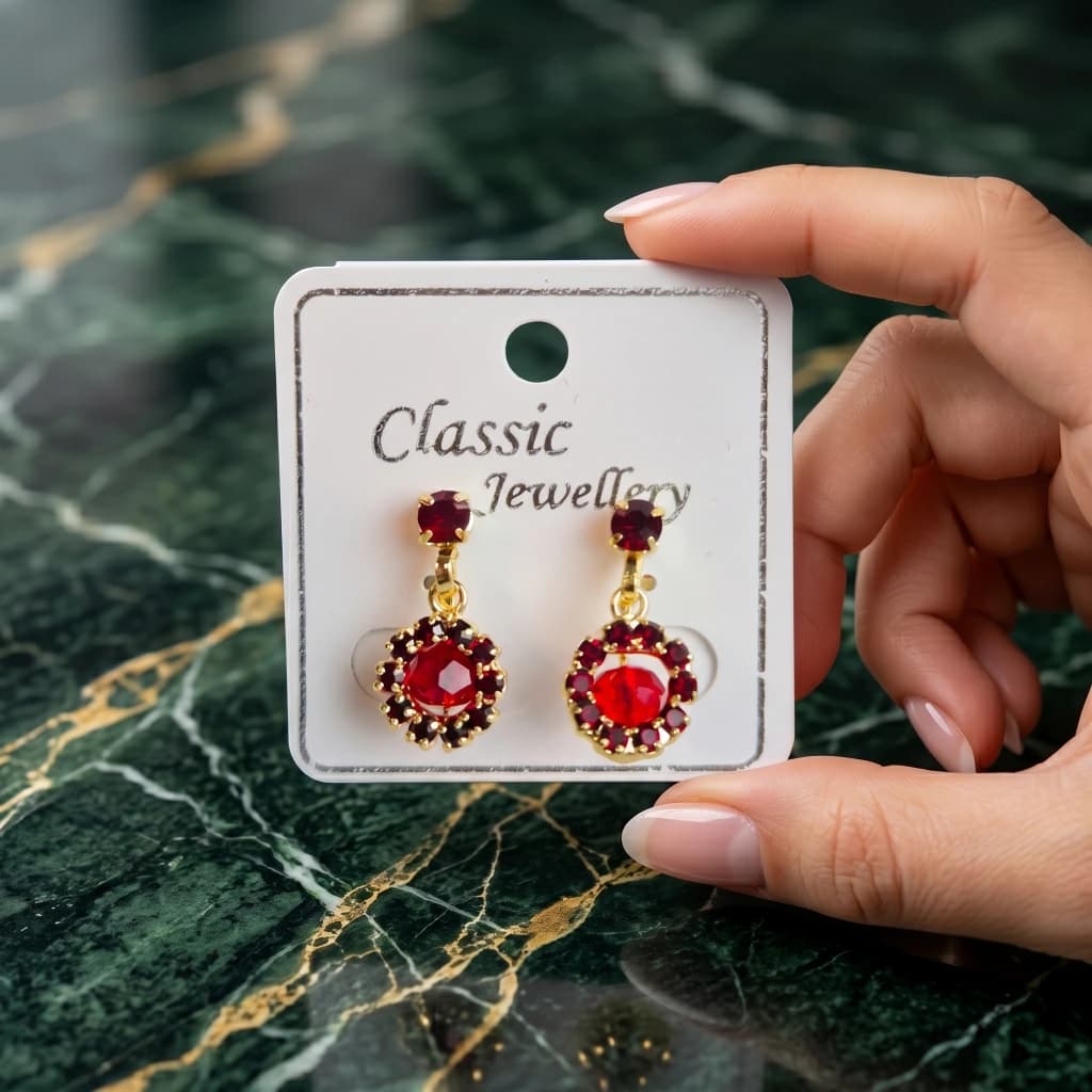 QDORA Gold Red Crystal Halo Non Piercing Drop Studs image 1