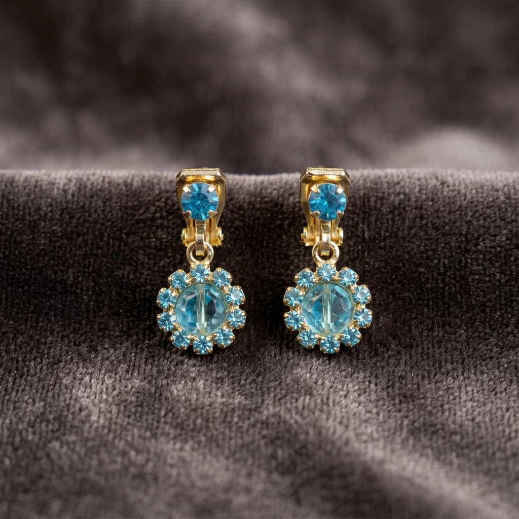 QDORA Gold Blue Crystal Floral Non Piercing Drop Studs image 2