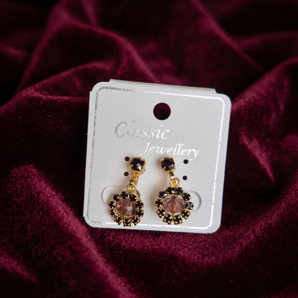 QDORA Gold Purple Crystal Halo Non Piercing Drop Studs image 1