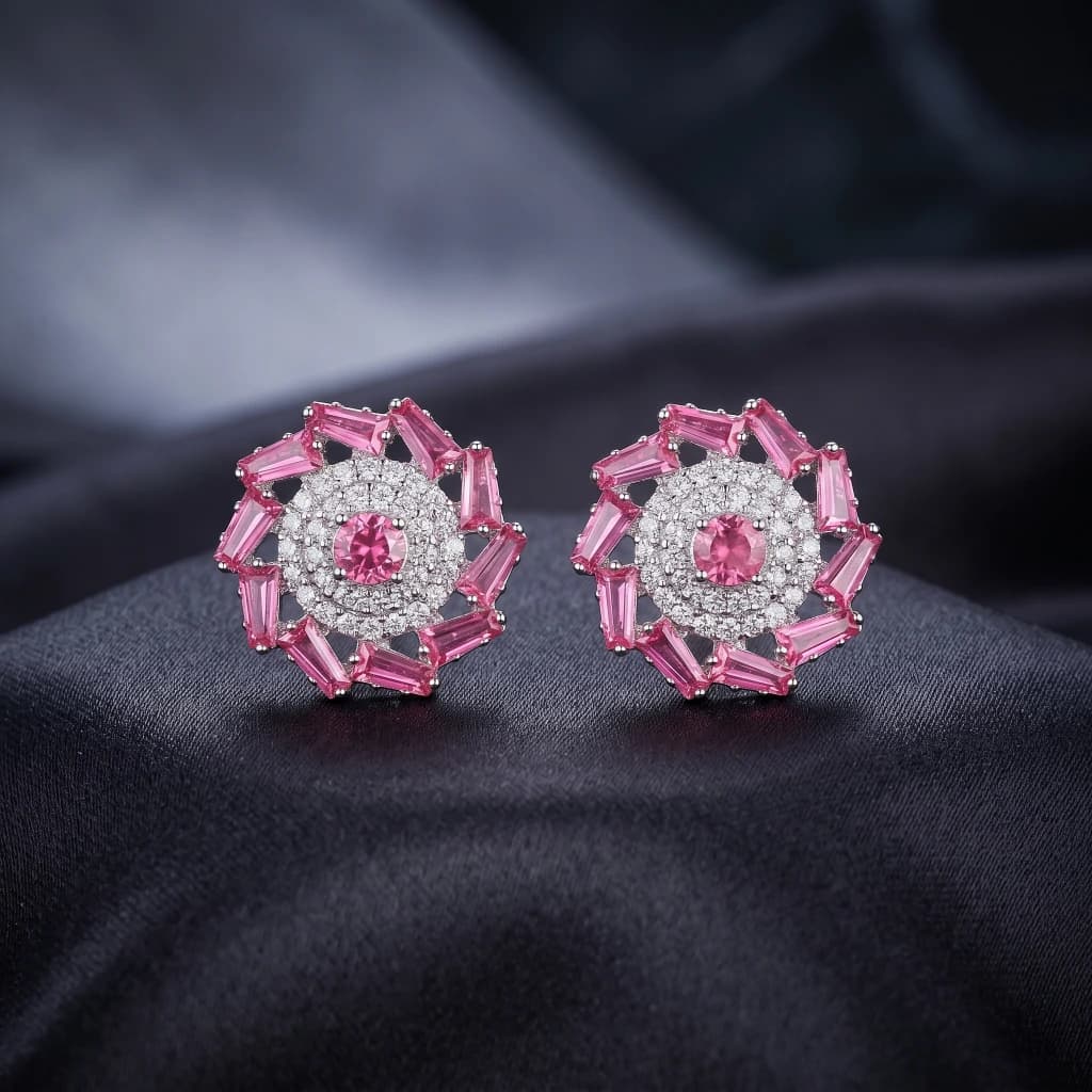 QDORA Silver Pink Baguette Floral Studs image 1