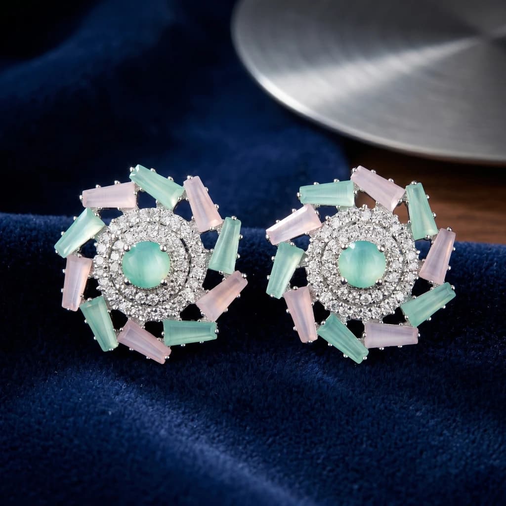 QDORA Silver Pastel Floral Baguette Studs image 1