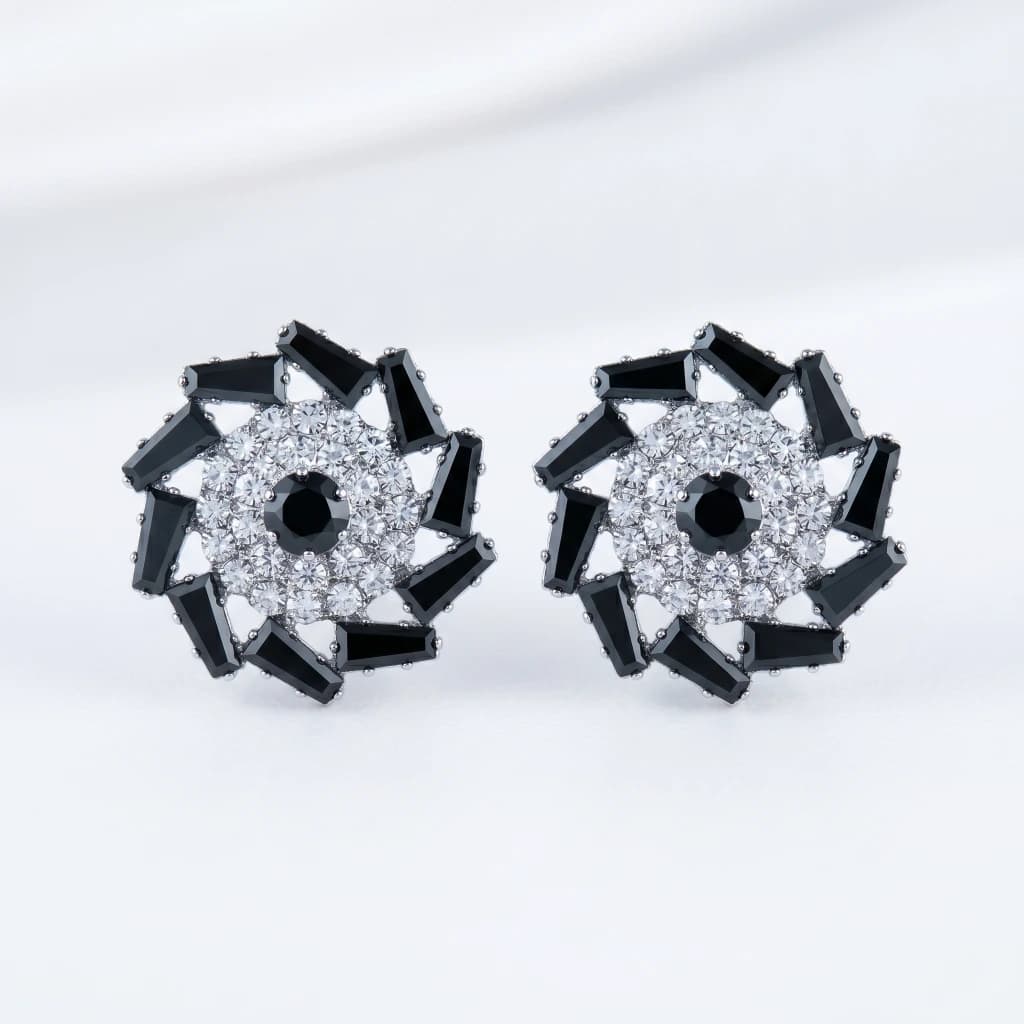 QDORA Silver Black Baguette Floral Studs image 1