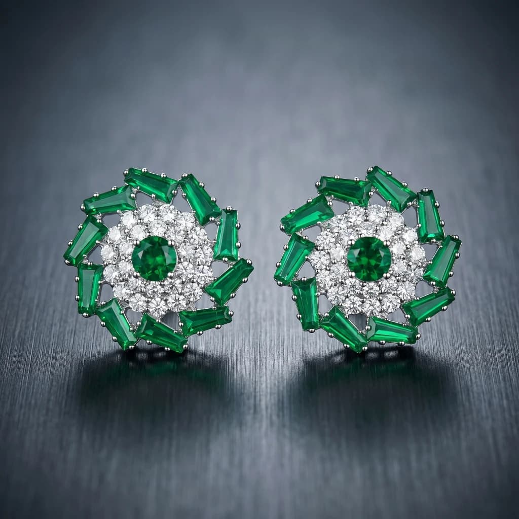 QDORA Silver Green Baguette Floral Studs image 1