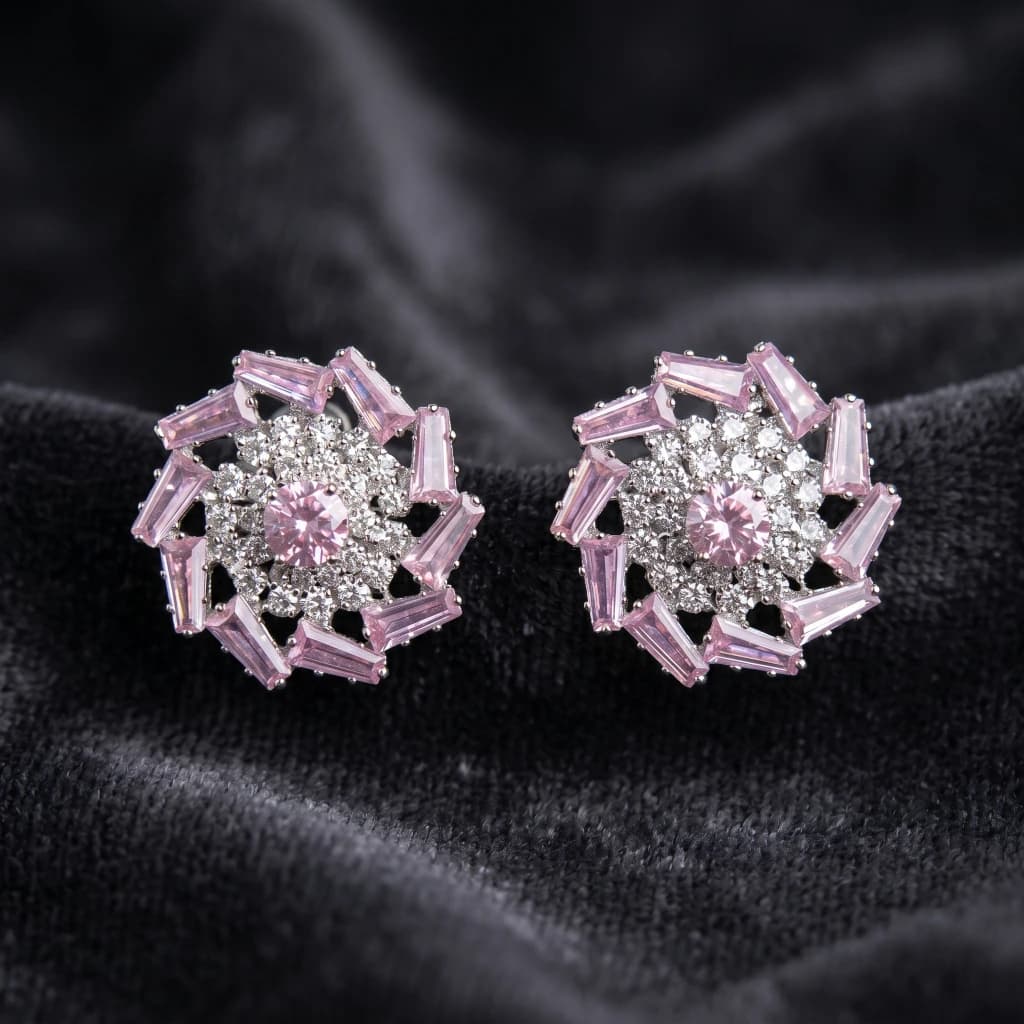 QDORA Silver Pink Baguette Floral Studs image 1