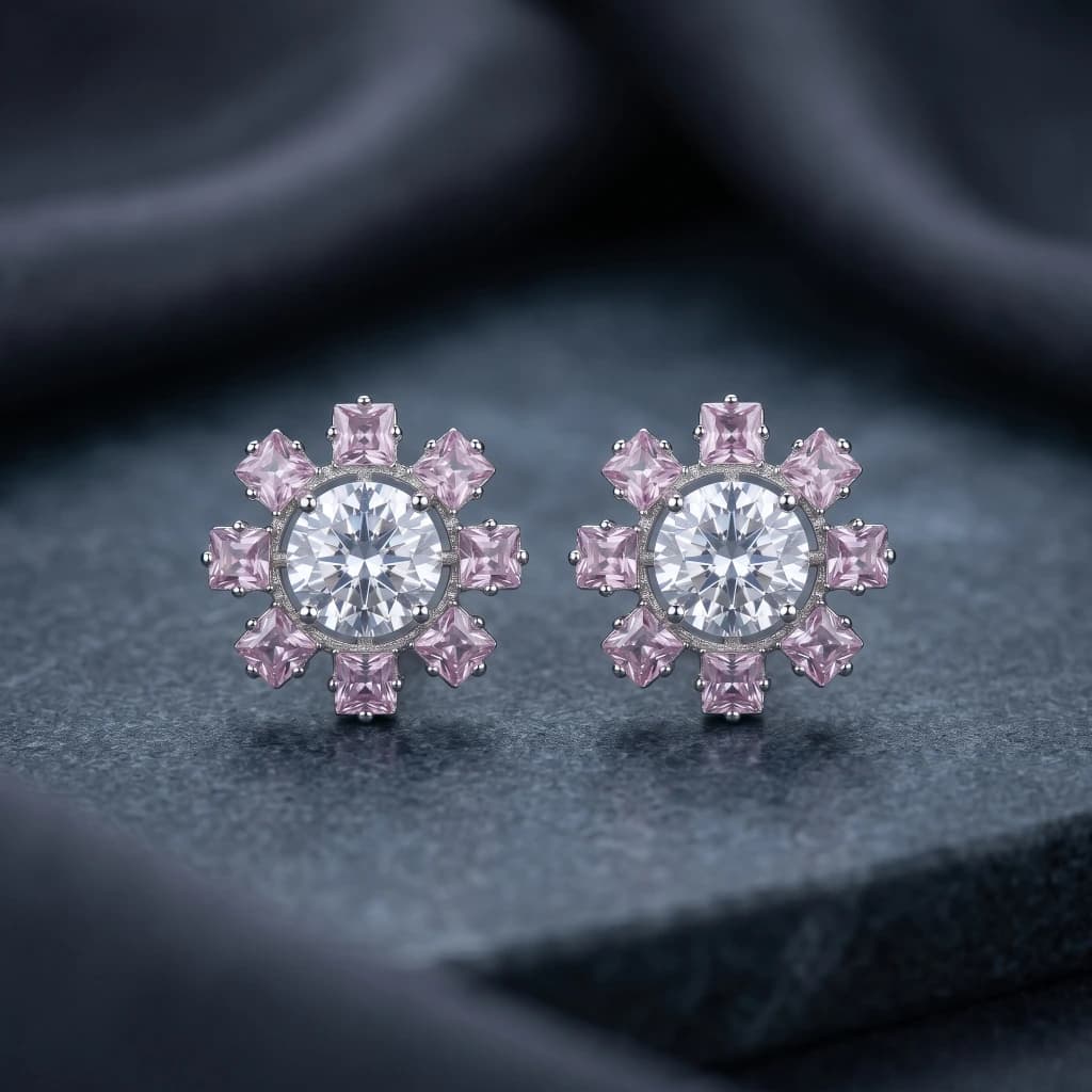 QDORA Silver Pink Crystal Halo Studs image 1