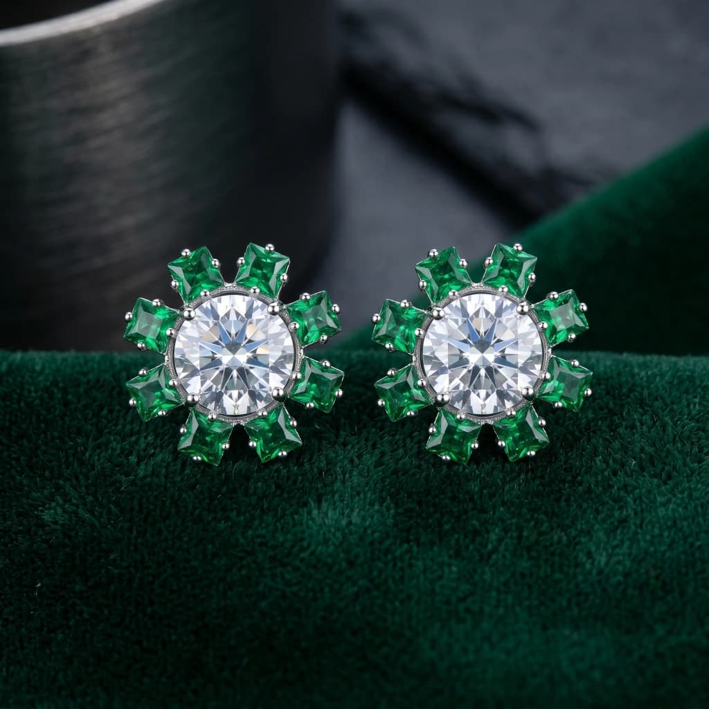 QDORA Silver Green Crystal Halo Studs image 1