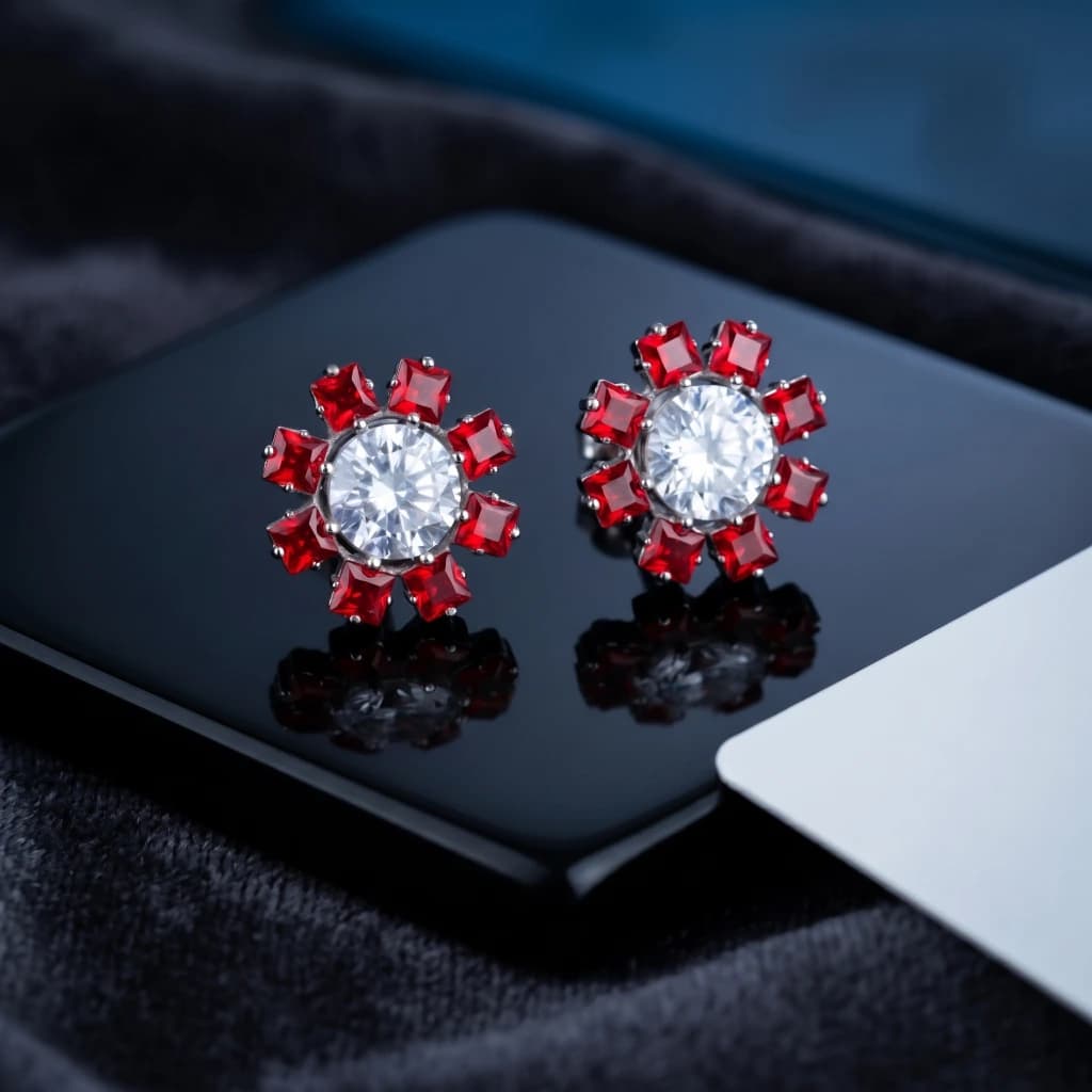QDORA Silver Red Crystal Halo Studs image 1