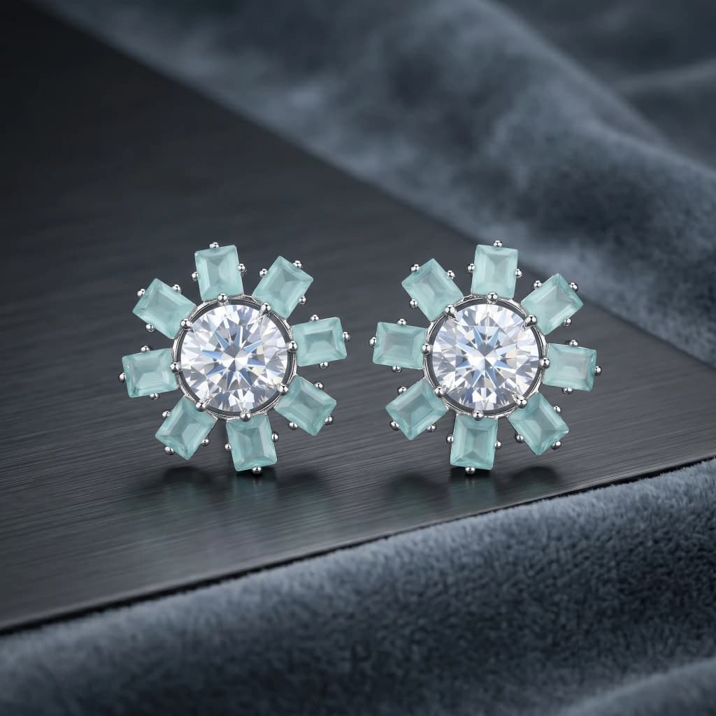 QDORA Silver Aqua Crystal Halo Studs image 1