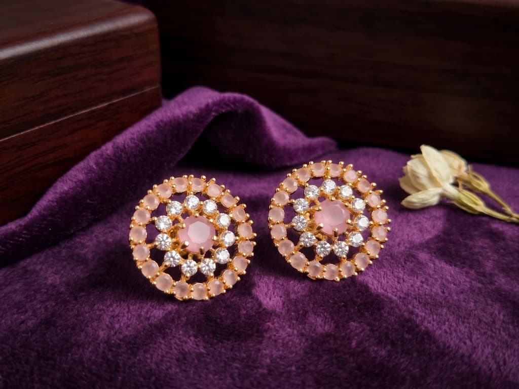 QDORA Gold Pink Stone Cluster Studs image 1