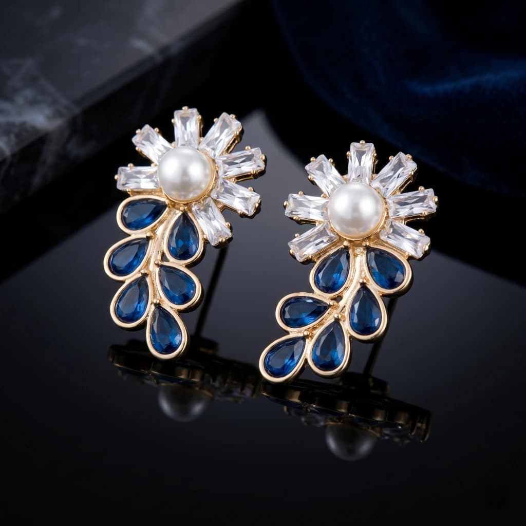 QDORA Blue & White Pearl Floral Drop Studs image 1
