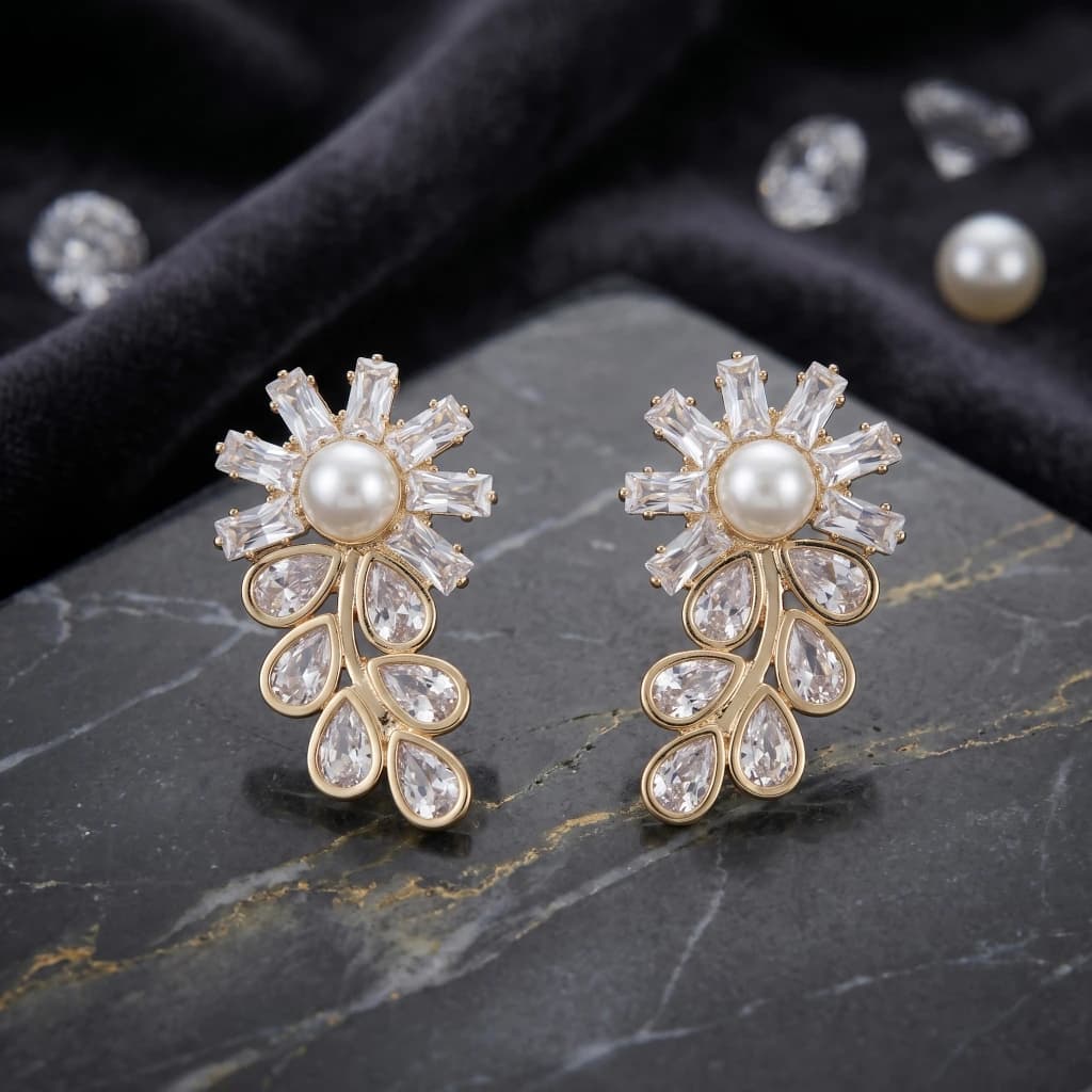 QDORA White Pearl Crystal Floral Drop Studs image 1