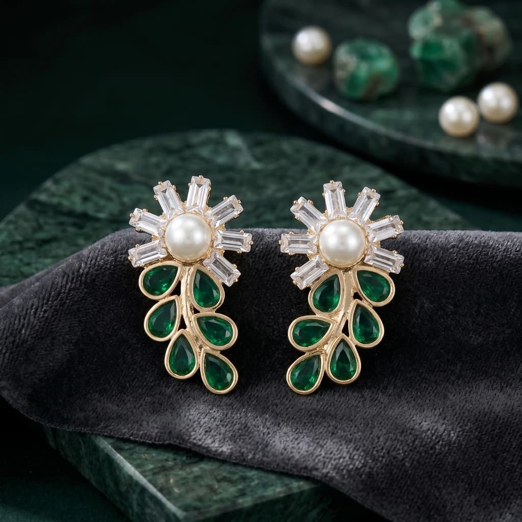 QDORA Green & Pearl Floral Drop Studs image 1
