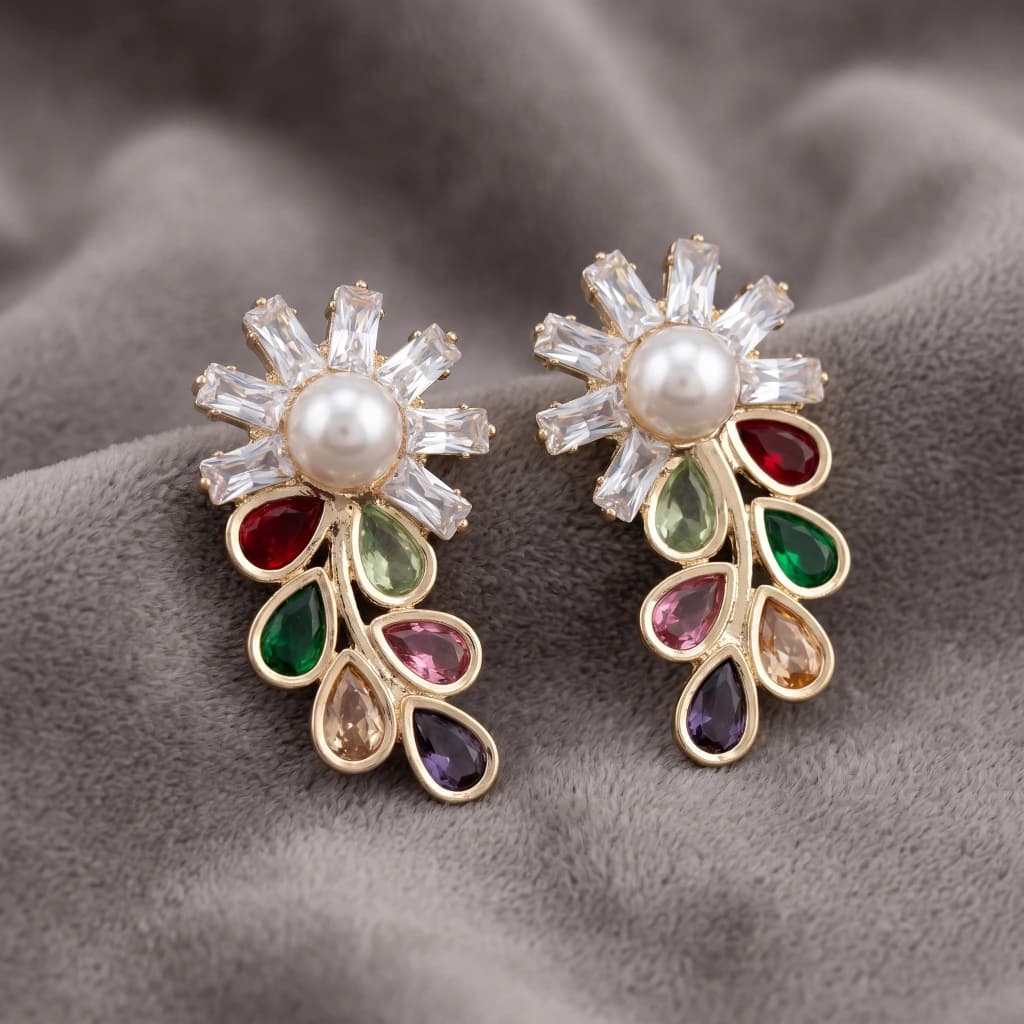 QDORA Multi-Color Pearl Floral Drop Studs image 1