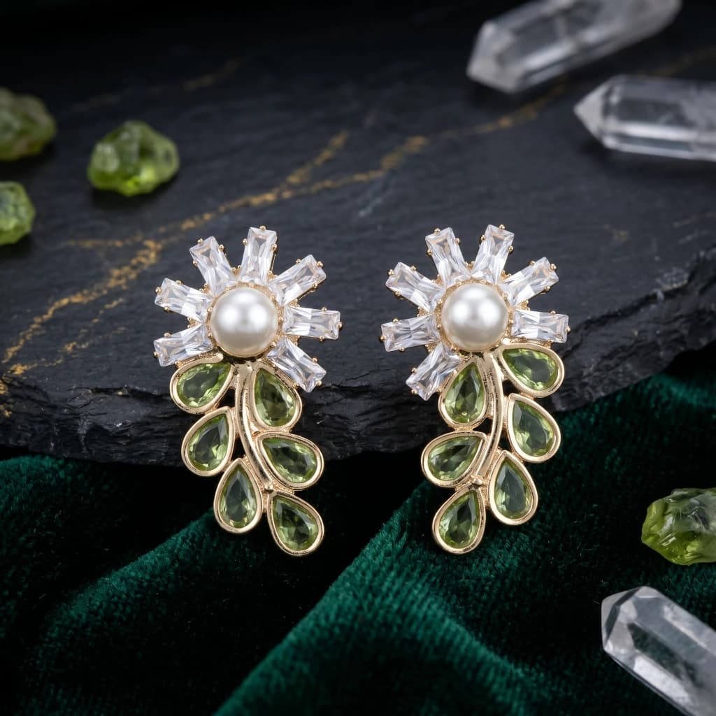 QDORA Olive Green Pearl Floral Drop Studs image 1