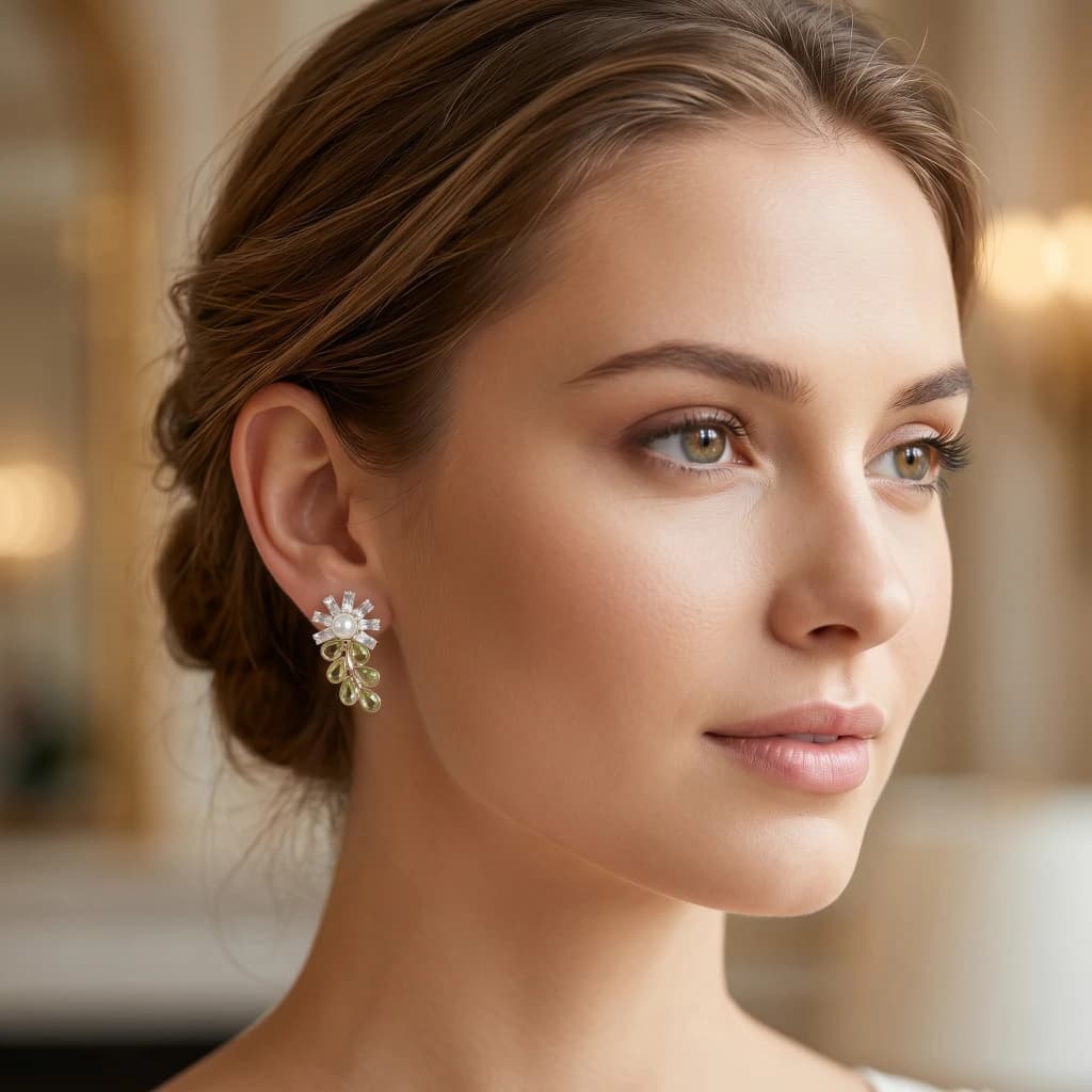 QDORA Olive Green Pearl Floral Drop Studs image 2