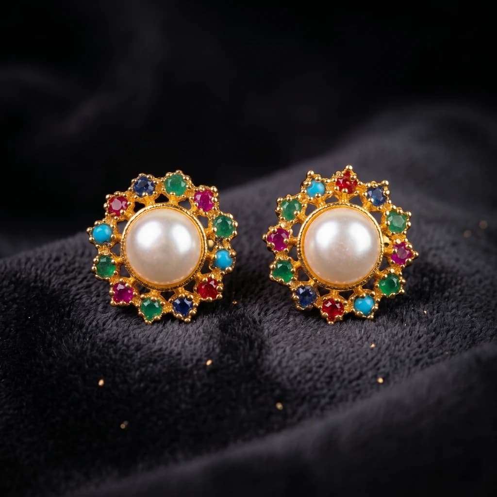 QDORA Gold Multicolor Pearl Halo Studs image 2
