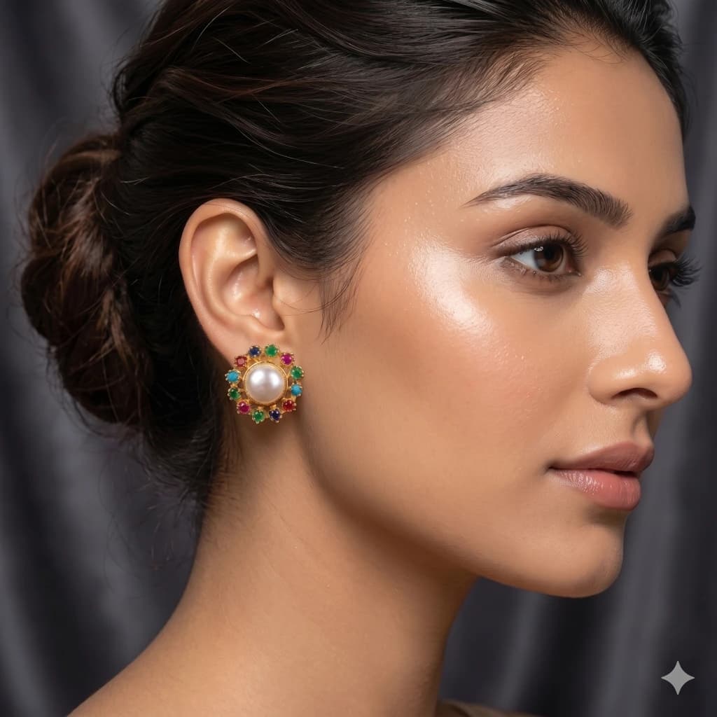QDORA Gold Multicolor Pearl Halo Studs image 1