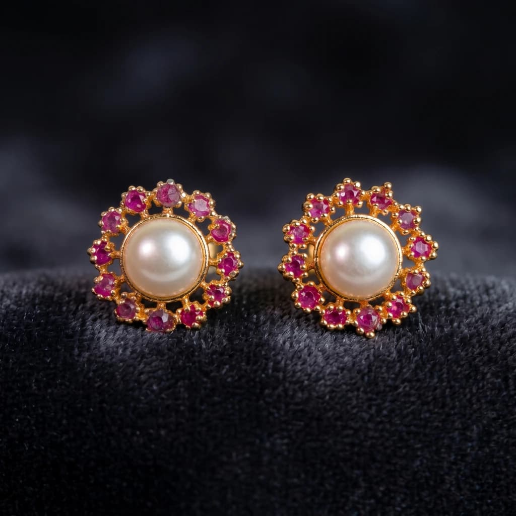 QDORA Gold Ruby Pearl Halo Studs image 1
