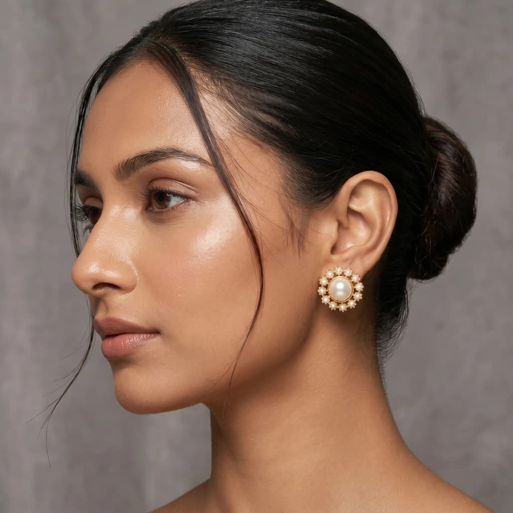 QDORA Gold White Pearl Halo Studs image 1