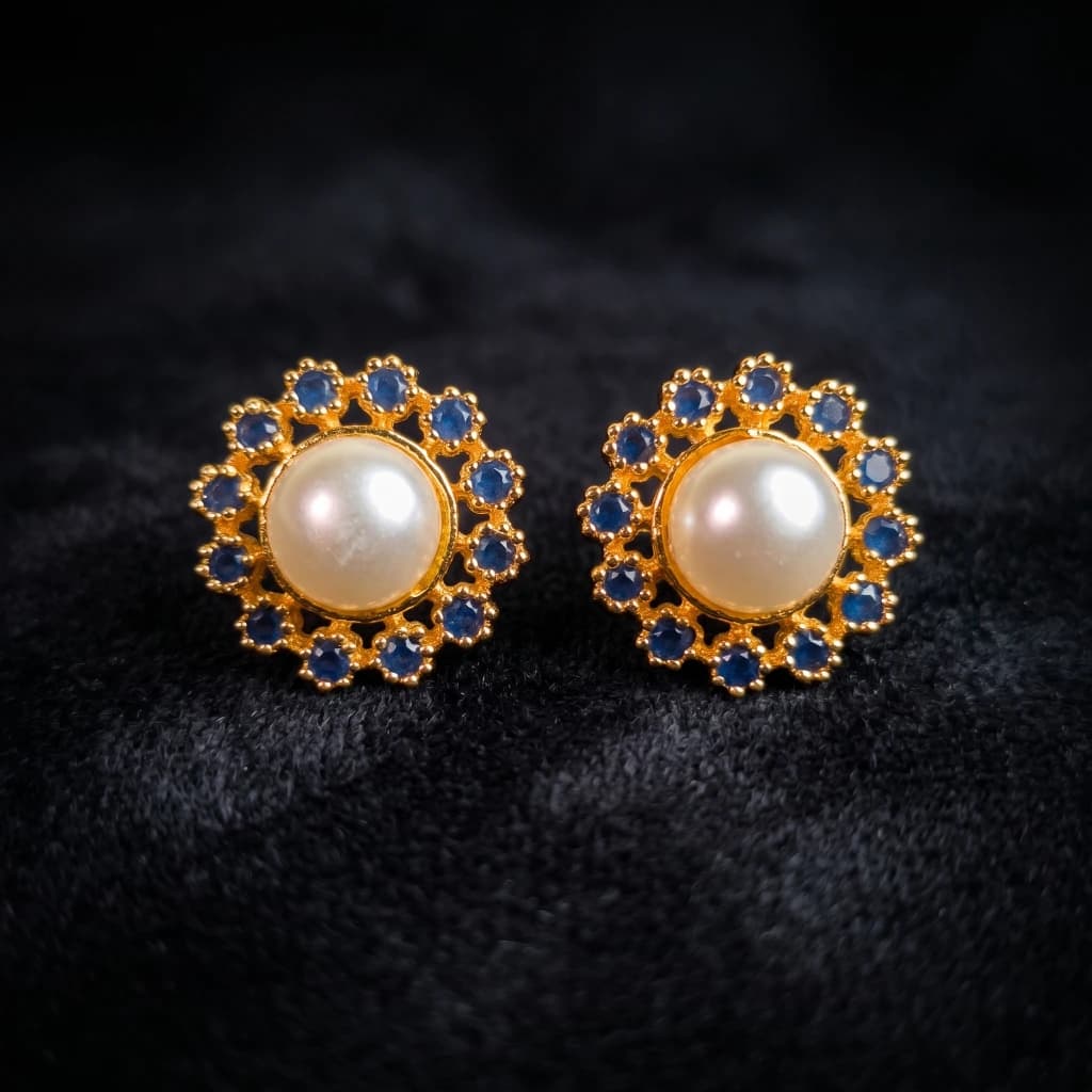 QDORA Gold Blue Sapphire Pearl Halo Studs image 2